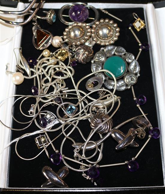 Collection of silver and silver-coloured jewellery, some stone-set, inc bangles, earrings etc